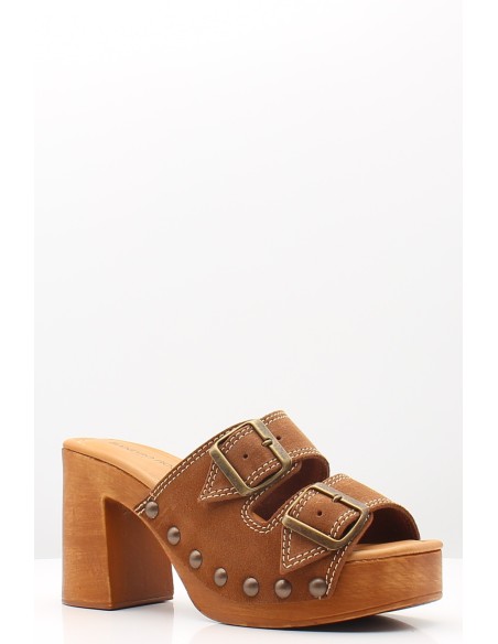 Sandro Rosi 9068 – Mules à talon haut en bois, cuir camel et clous métalliques