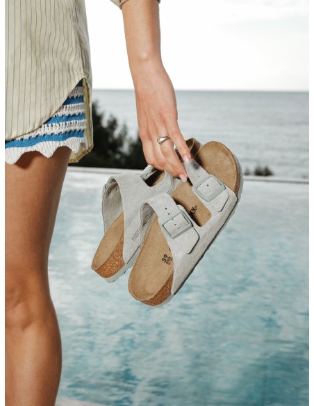 Birkenstock Arizona – Mules Femme en Daim Gris, Confort et Style Naturel