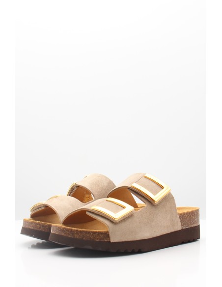 Mules Monterey 2 straps Dark Beige – Élégance et Confort avec Boucles Dorées