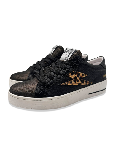 SMR23 Maya – Baskets femme cuir noir avec éclair imprimé léopard