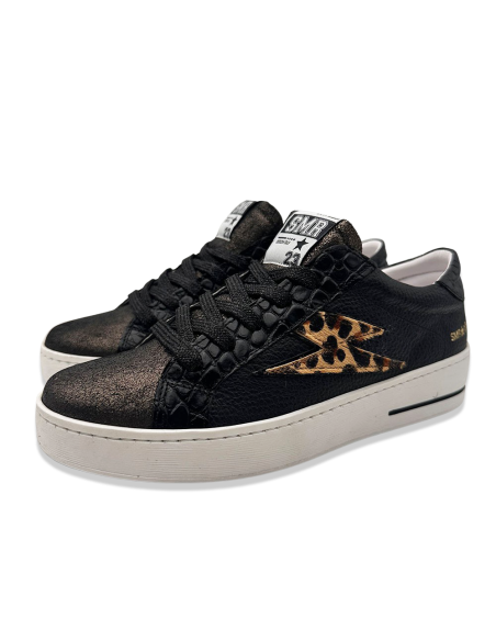 SMR23 Maya – Baskets femme cuir noir avec éclair imprimé léopard
