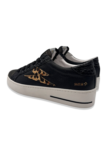 SMR23 Maya – Baskets femme cuir noir avec éclair imprimé léopard