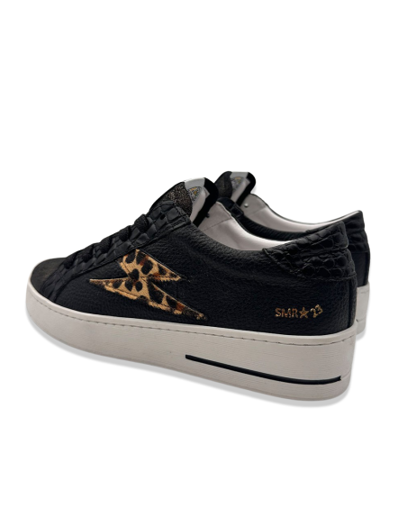 SMR23 Maya – Baskets femme cuir noir avec éclair imprimé léopard