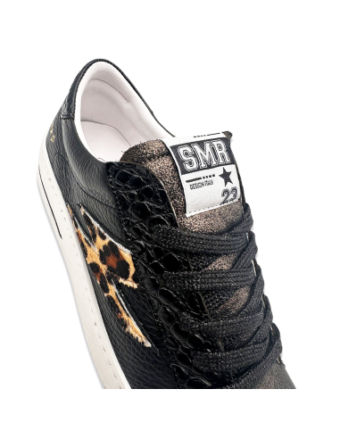SMR23 Maya – Baskets femme cuir noir avec éclair imprimé léopard
