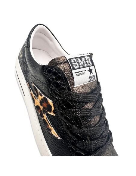 SMR23 Maya – Baskets femme cuir noir avec éclair imprimé léopard