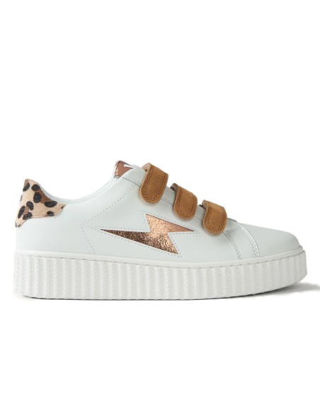 Baskets Vanessa Wu Blanc & Camel – Style léopard et éclair cuivré