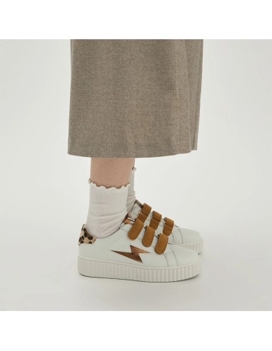 Baskets Vanessa Wu Blanc & Camel – Style léopard et éclair cuivré
