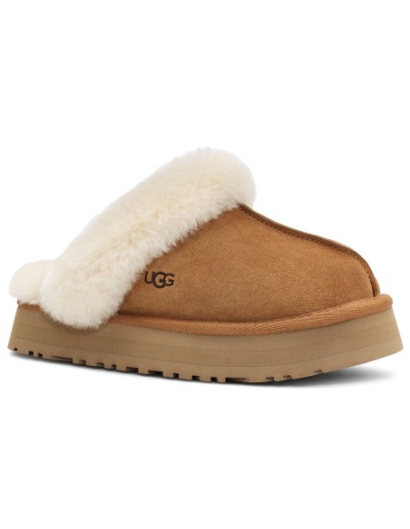 UGG Femme – Chaussons Disquette en Suède et Laine – Camel