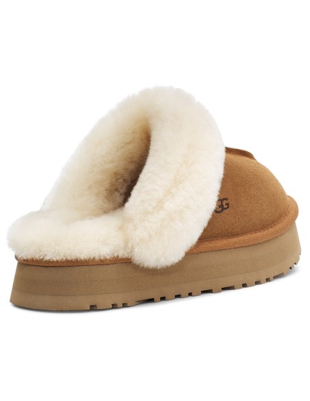 UGG Femme – Chaussons Disquette en Suède et Laine – Camel