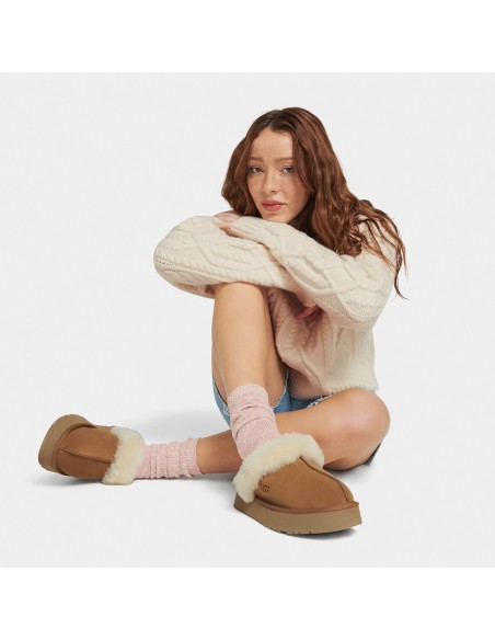 UGG Femme – Chaussons Disquette en Suède et Laine – Camel