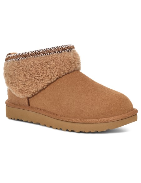 UGG Classic Ultra Mini Maxi Curly Femme – Boots en suède chestnut avec col shearling
