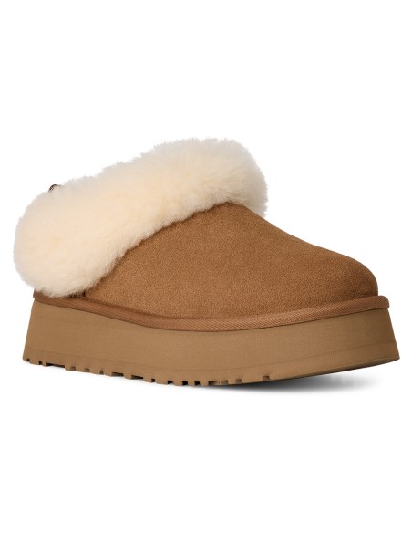 UGG Tazzelle Femme – Mule en suède chestnut avec col en laine et semelle plateforme