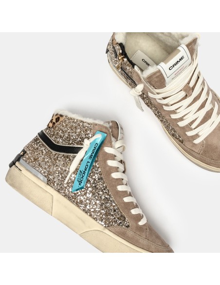 Crime London Recut High Glitter – Baskets montantes femme dorées et léopard