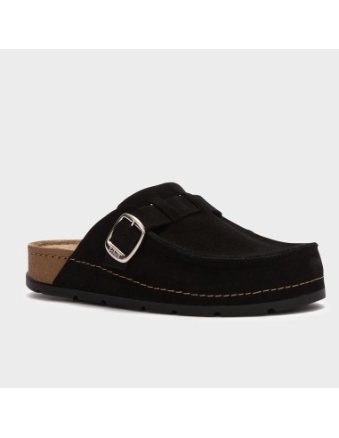 Scholl BORA Femme – Sabots Mocassins Noirs en Suède avec Boucle Métal