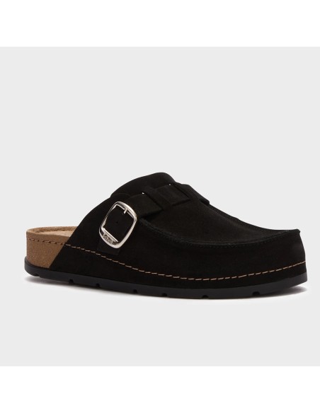 Scholl BORA Femme – Sabots Mocassins Noirs en Suède avec Boucle Métal