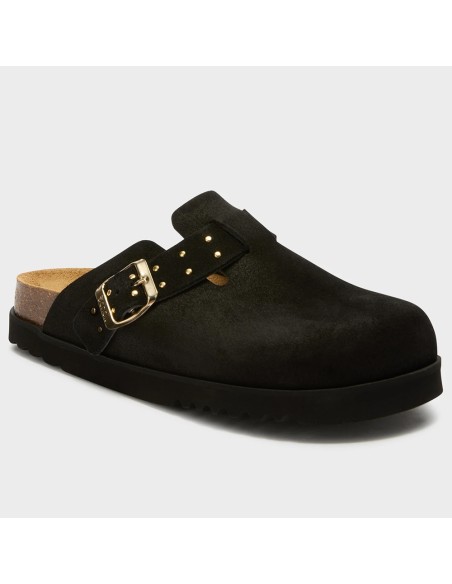 Scholl Sabot Benny F324661004 – Sabot noir en suède à boucle dorée