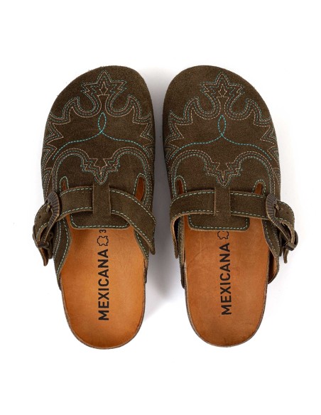 Sabots Mexicana SDL007 daim kaki – sabot western brodé fabrication artisanale