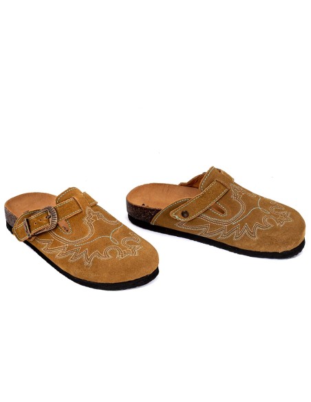 Sabots Mexicana SDL003 daim camel – sabot western brodé avec boucle vintage