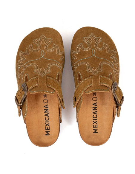 Sabots Mexicana SDL003 daim camel – sabot western brodé avec boucle vintage