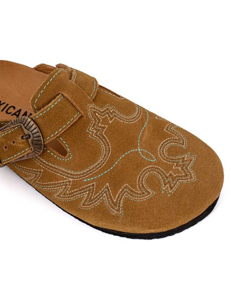 Sabots Mexicana SDL003 daim camel – sabot western brodé avec boucle vintage