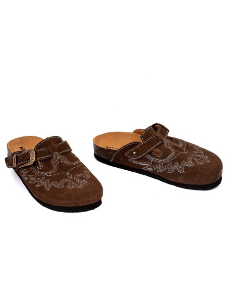 Sabots Mexicana SDL011 daim marron – sabot western brodé boucle vintage