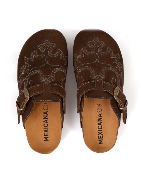 Sabots Mexicana SDL011 daim marron – sabot western brodé boucle vintage