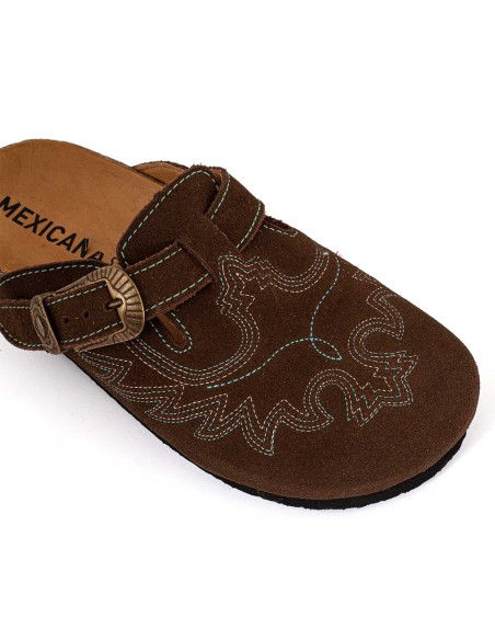 Sabots Mexicana SDL011 daim marron – sabot western brodé boucle vintage