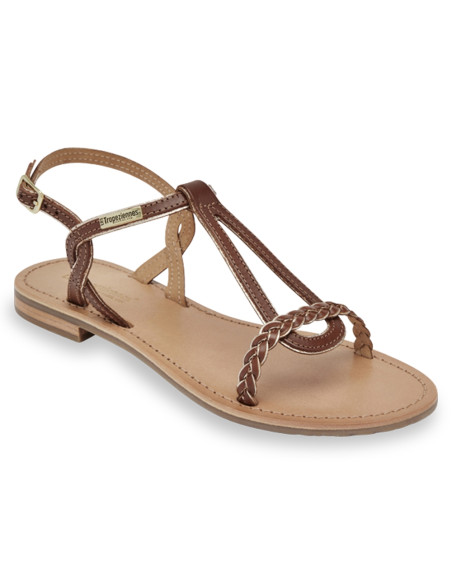 Les Tropéziennes Happy – Sandales femme en cuir tan avec bride tressée