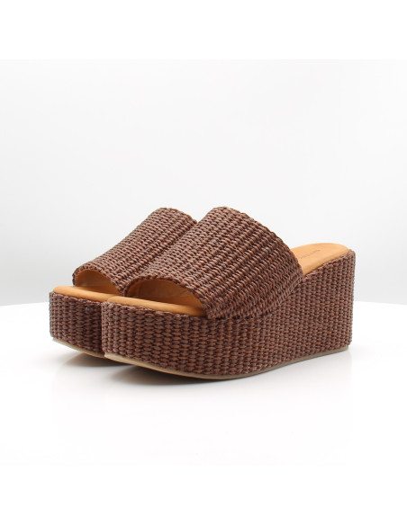 Mules Sandro Rossi marron raphia plateforme femme été chic