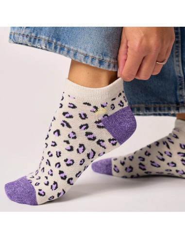 socquettes léopard pailletées écru/violet