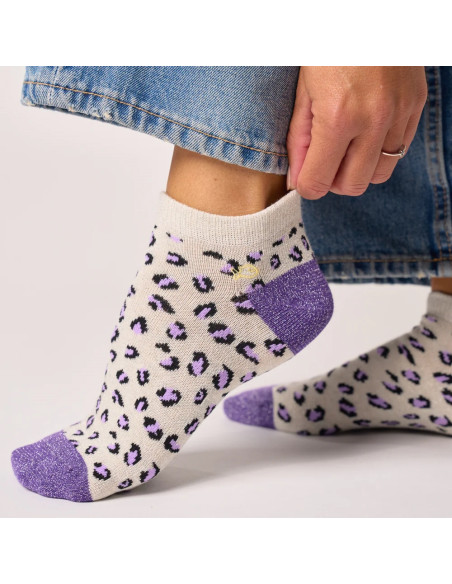 socquettes léopard pailletées écru/violet