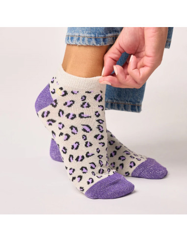 socquettes léopard pailletées écru/violet