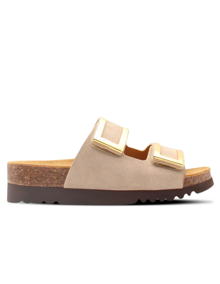 Mules Monterey 2 straps Dark Beige – Élégance et Confort avec Boucles Dorées