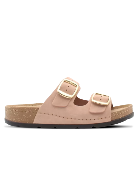 Scholl Bora 2 Buckles  – Mules femme en nubuck rose avec semelle anatomique
