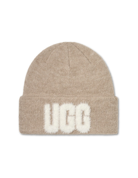 UGG Bonnet Femme Fuzzy Logo Beanie Beige Crème
